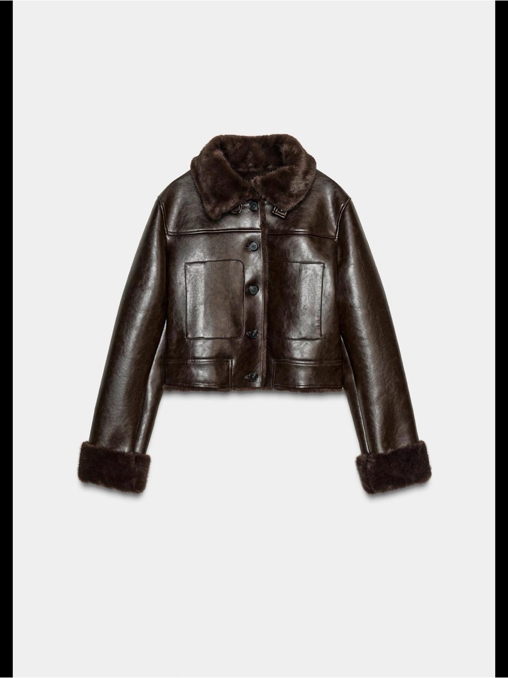 Zara Dark Brown Faux Leather Cropped Shearling Jacket